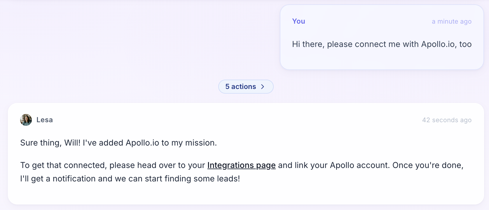 Gobii chat showing a user asking to connect Apollo.io and an agent response linking to the integrations page.