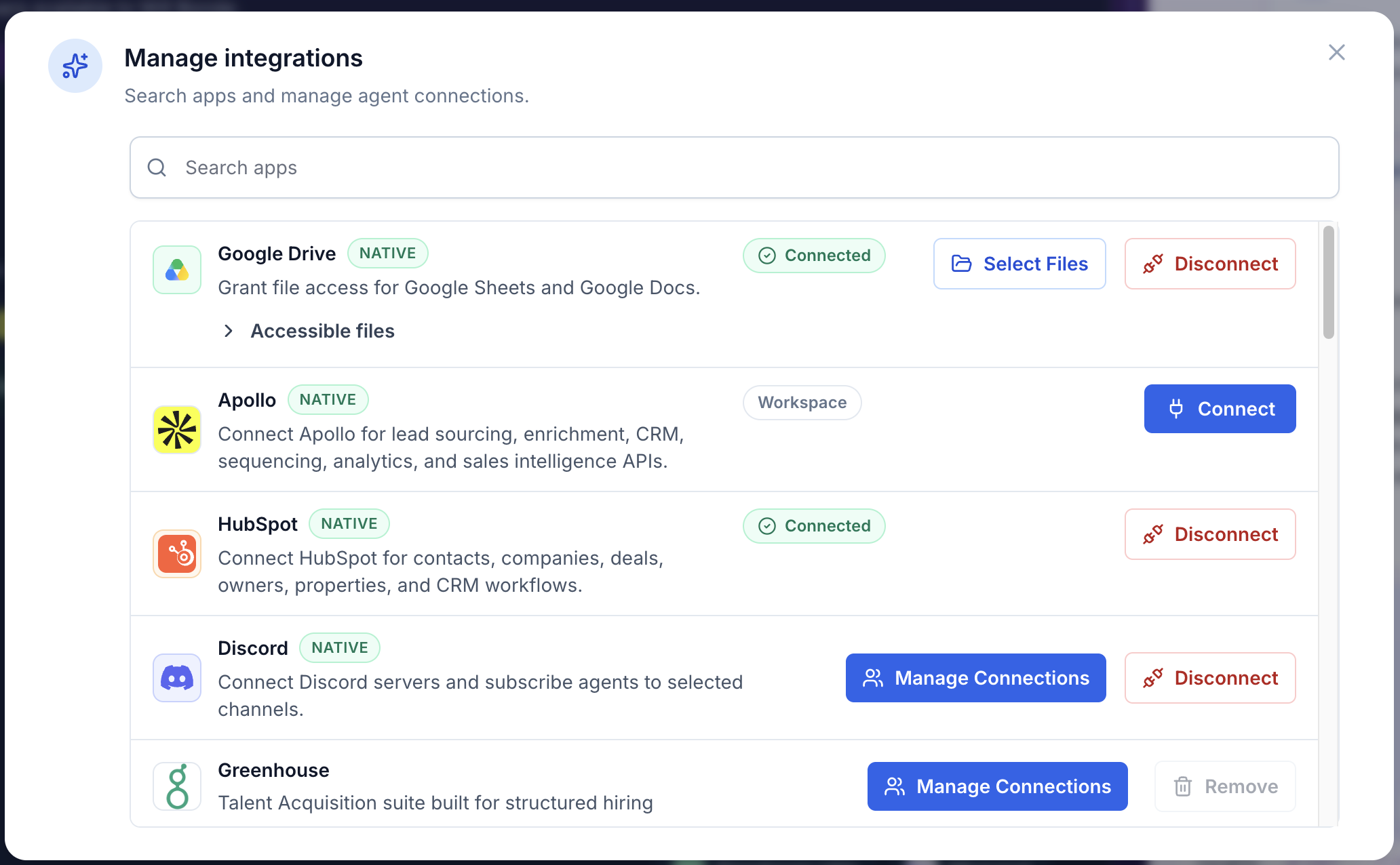 Manage integrations modal showing Apollo with a Connect button.