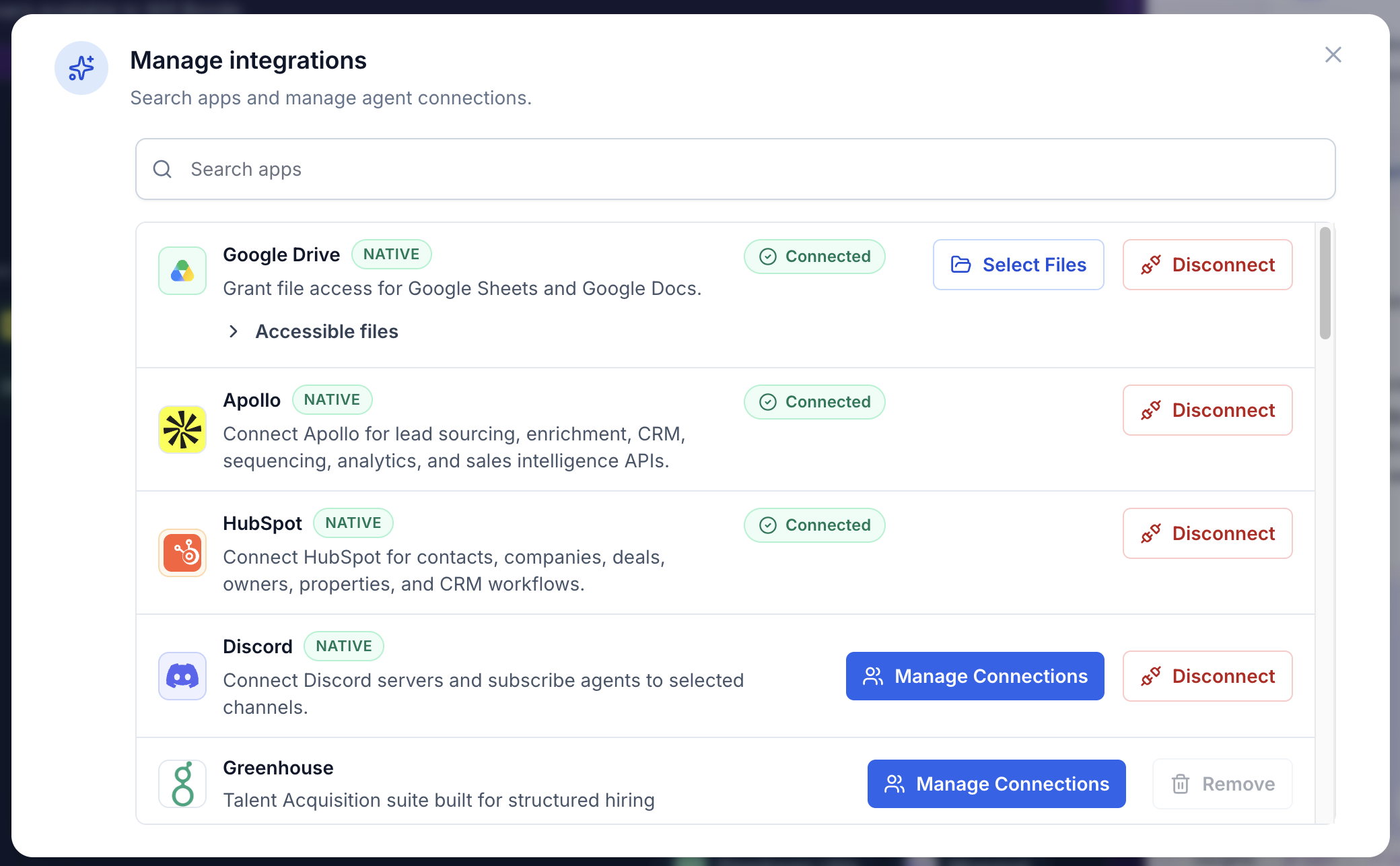 Manage integrations modal showing Apollo connected.