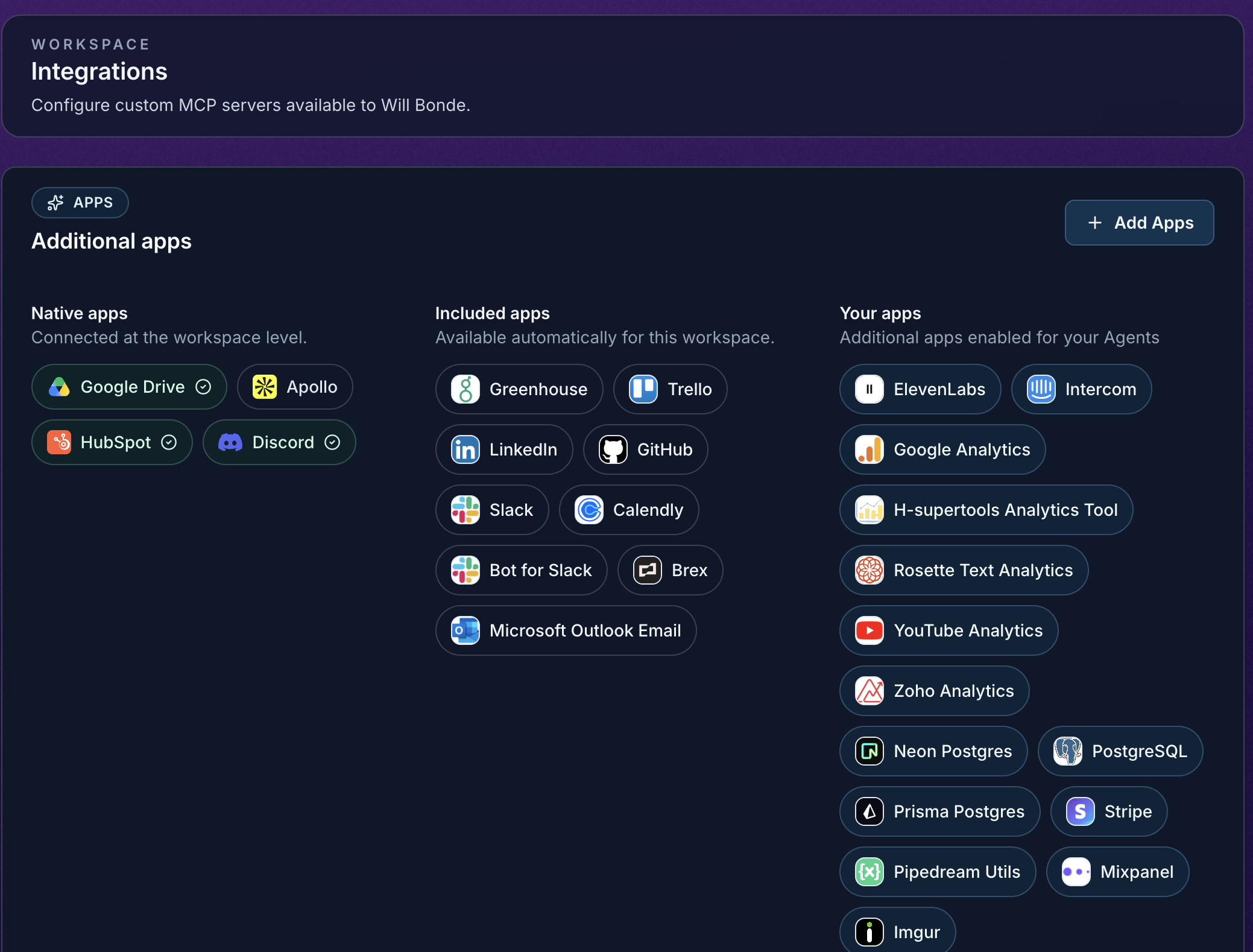 Gobii workspace integrations page showing Apollo as a native app alongside other integrations.