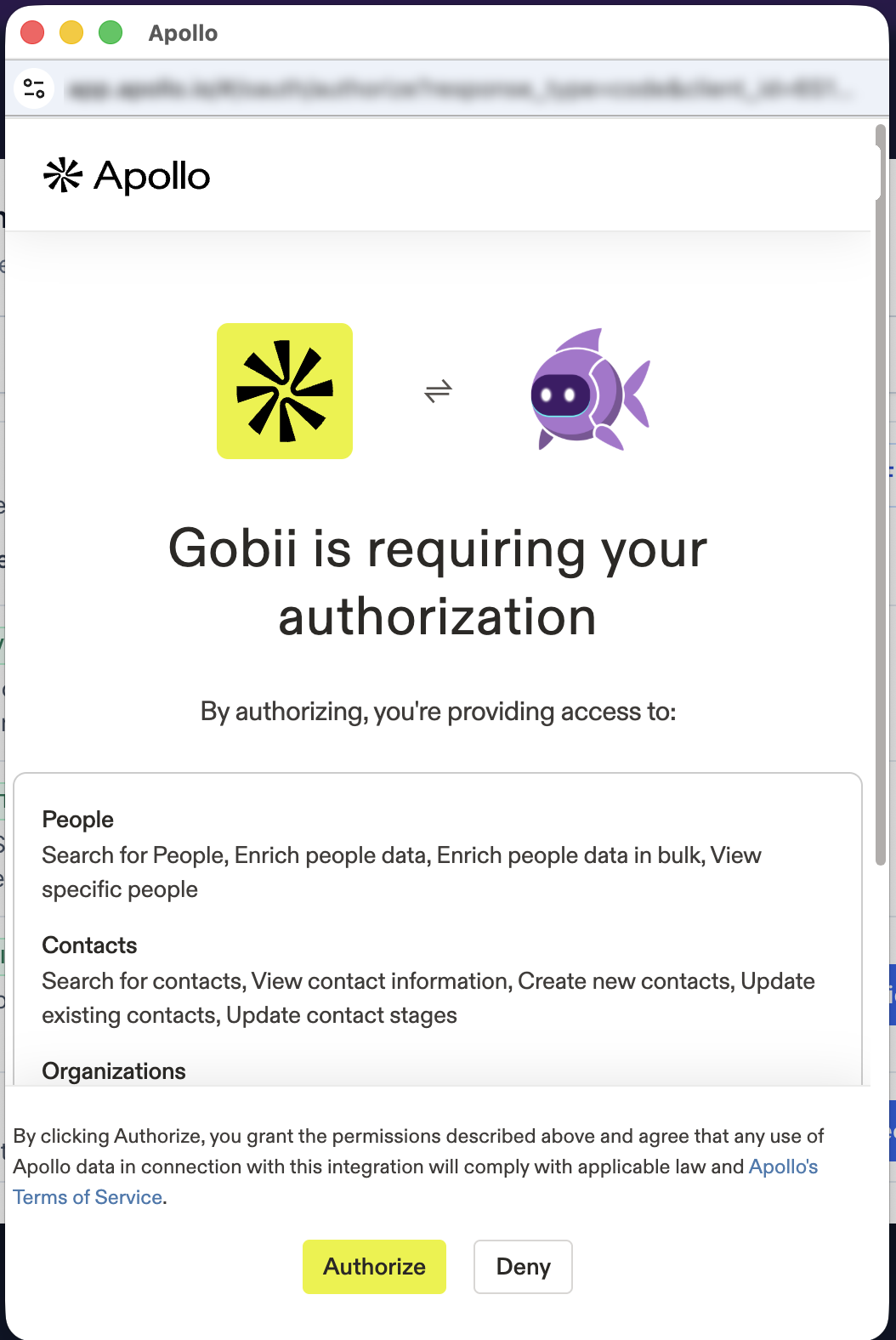 Apollo OAuth screen asking the user to authorize Gobii access.