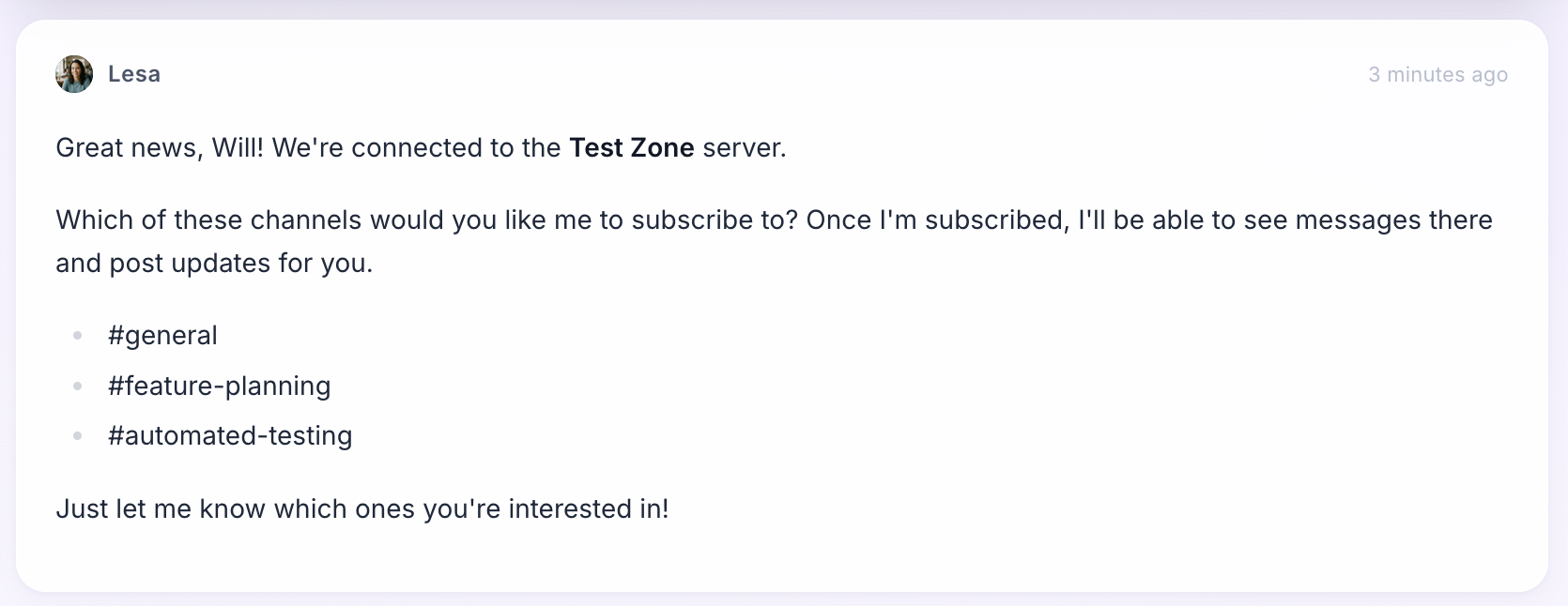 Gobii chat message saying Discord is connected and asking which server channels should be subscribed.