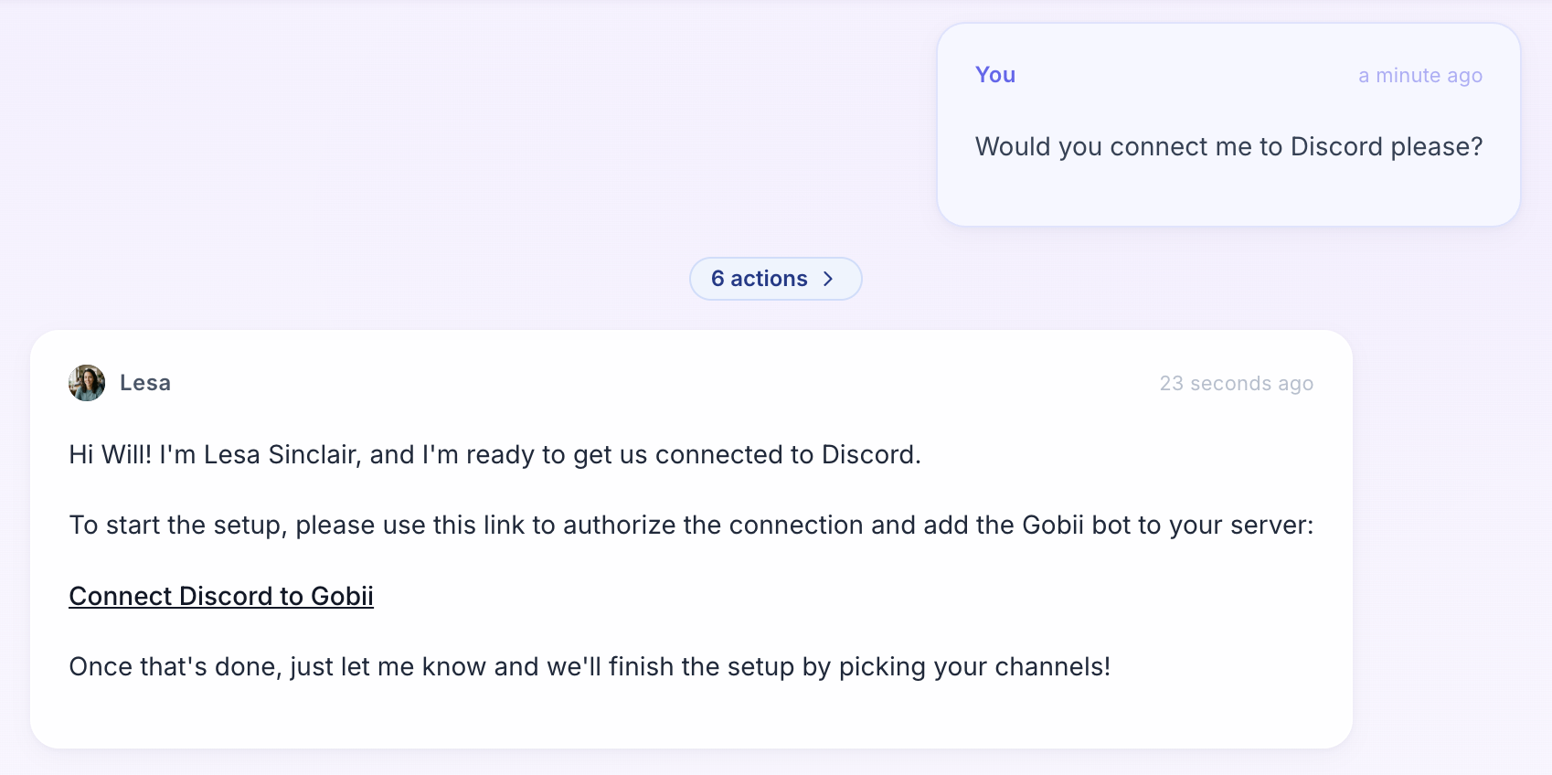 Gobii chat showing a user asking to connect Discord and the agent replying with a Connect Discord to Gobii link.