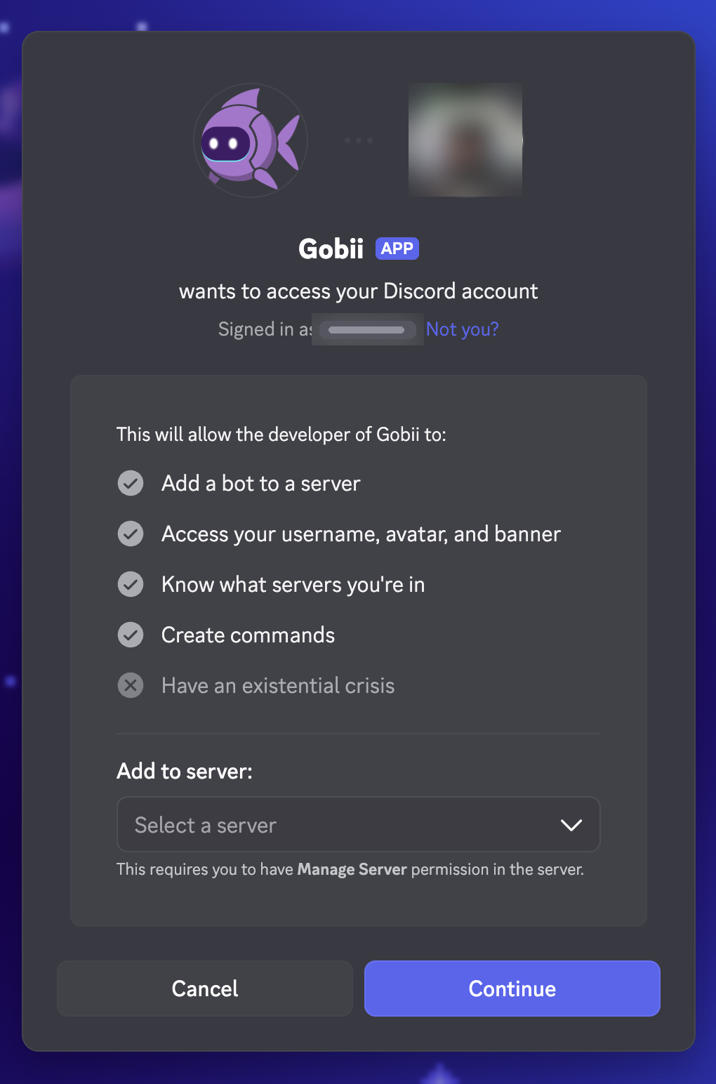 Discord OAuth screen asking the user to authorize Gobii and add the bot to a server.