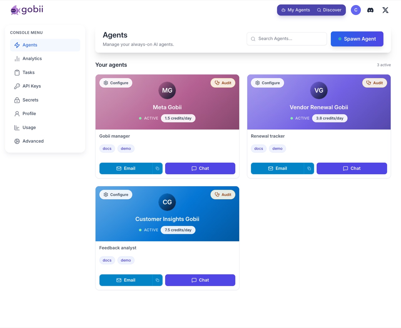 Gobii console showing three active Gobiis with their names, roles, daily credits, and chat actions.