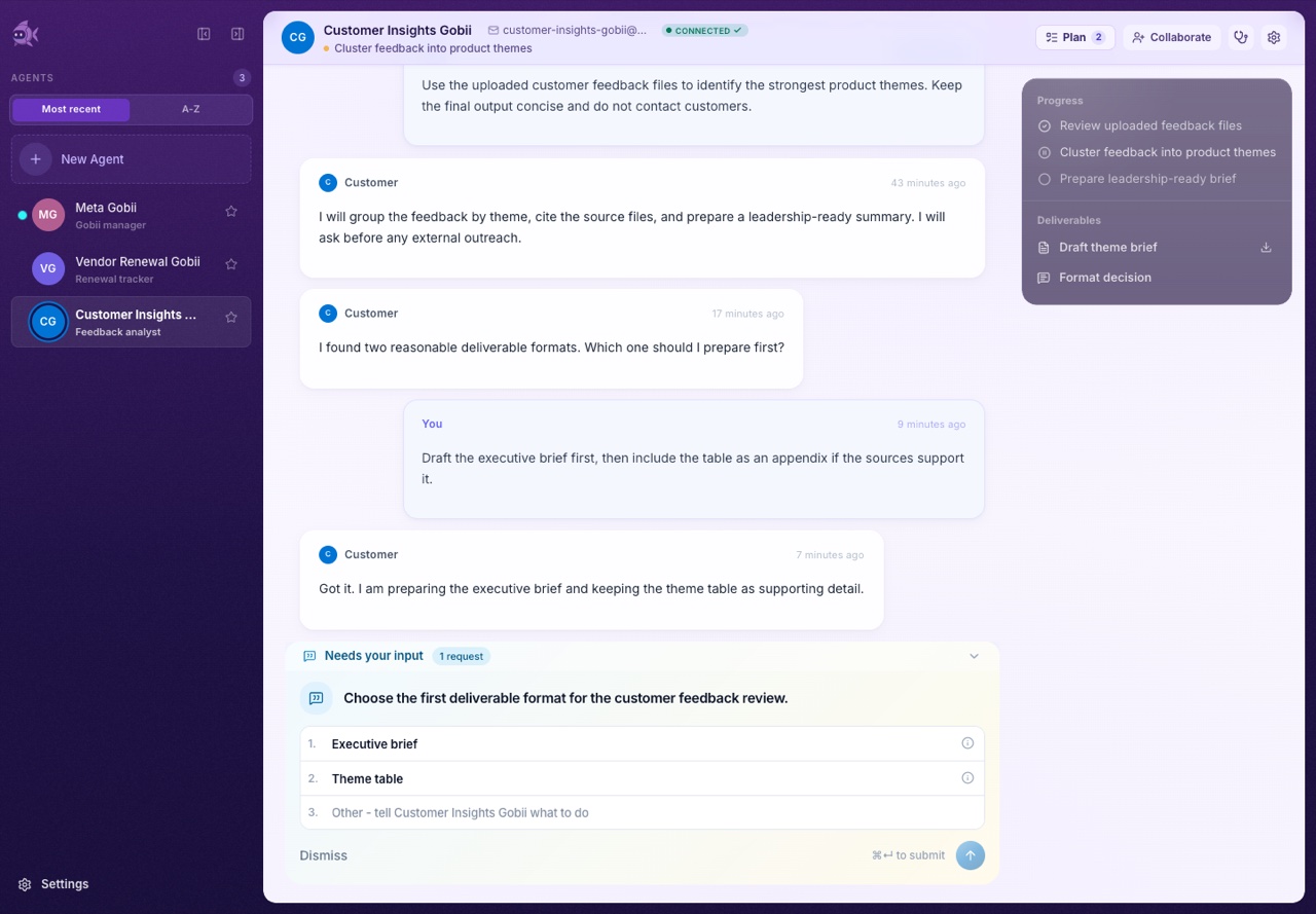 Gobii chat timeline showing messages, a visible plan, deliverables, and a pending request for human input.