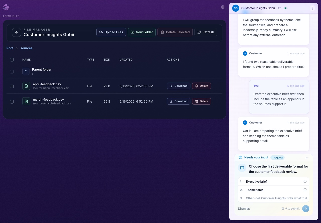 Gobii file manager showing a sources folder with uploaded customer feedback CSV files next to the chat timeline.
