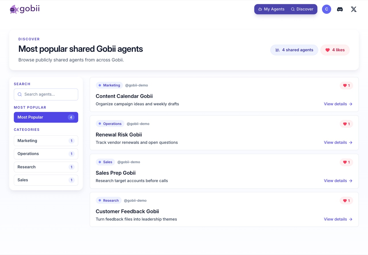 Gobii Template Library showing search, categories, shared templates, publisher handles, and popularity signals.