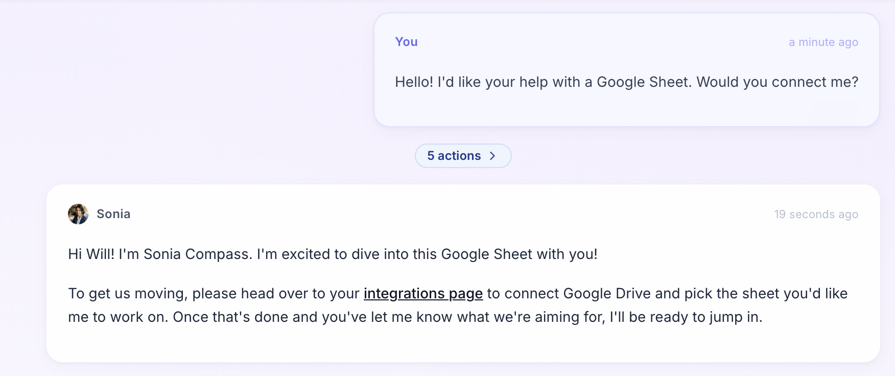 Gobii chat showing a request to connect Google Sheets and an agent response linking to the integrations page.