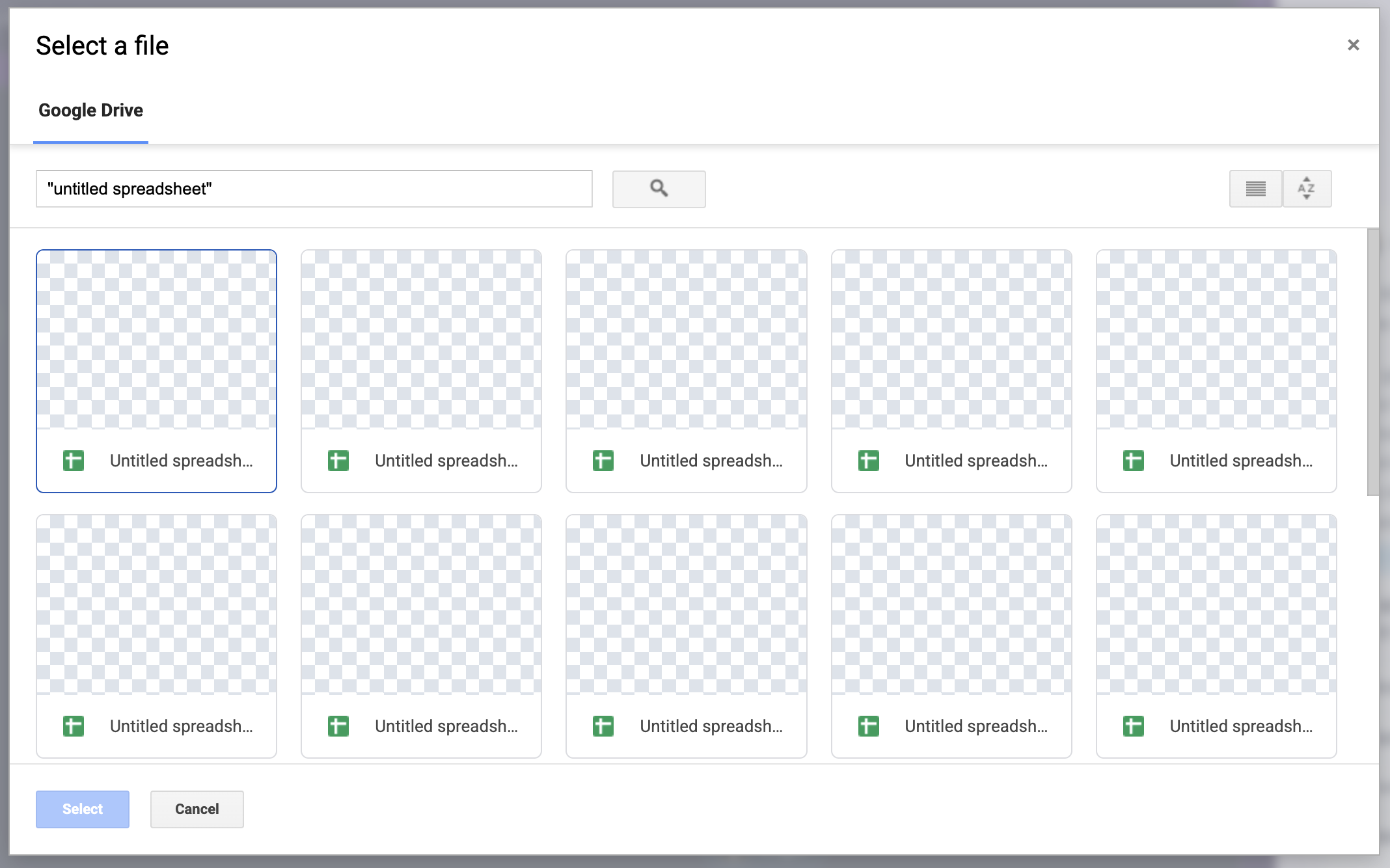 Google Drive file picker showing spreadsheet files that can be selected for Gobii access.
