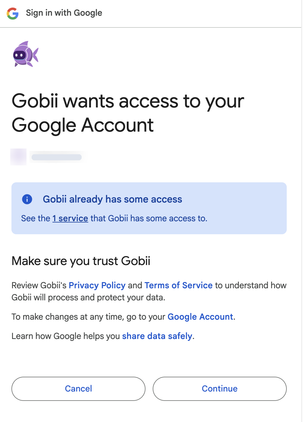 Google consent screen asking the user to confirm Gobii access to their Google account.