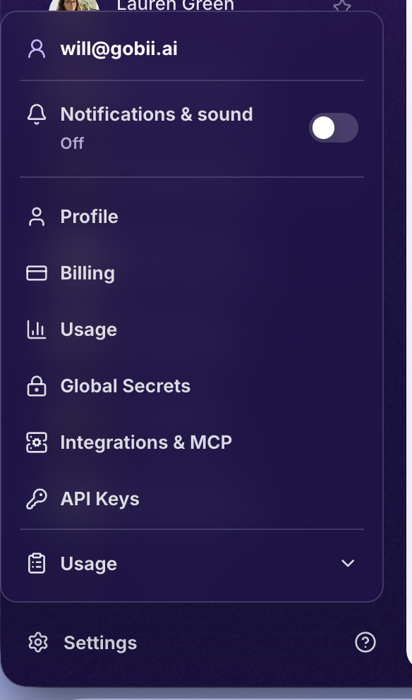 Gobii settings menu showing the Integrations and MCP option.