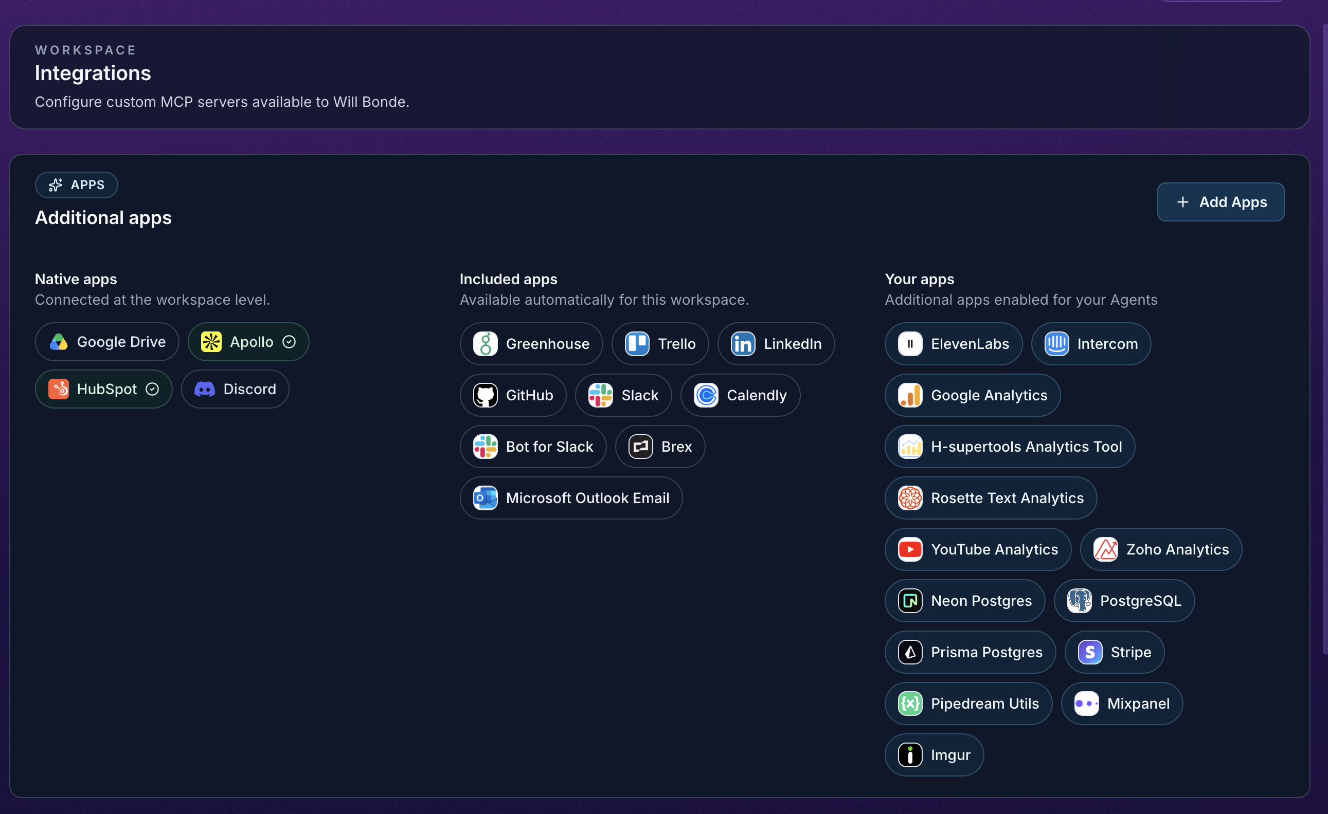Gobii workspace integrations page showing native apps, included apps, user apps, and an Add Apps button.
