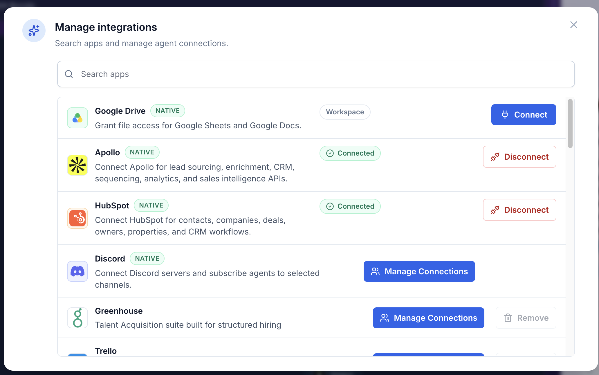 Manage integrations modal showing Google Drive with a Connect button.