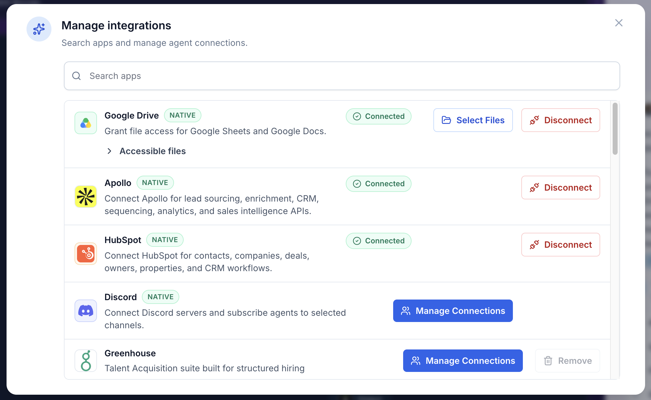 Manage integrations modal showing Google Drive connected with a Select Files button.