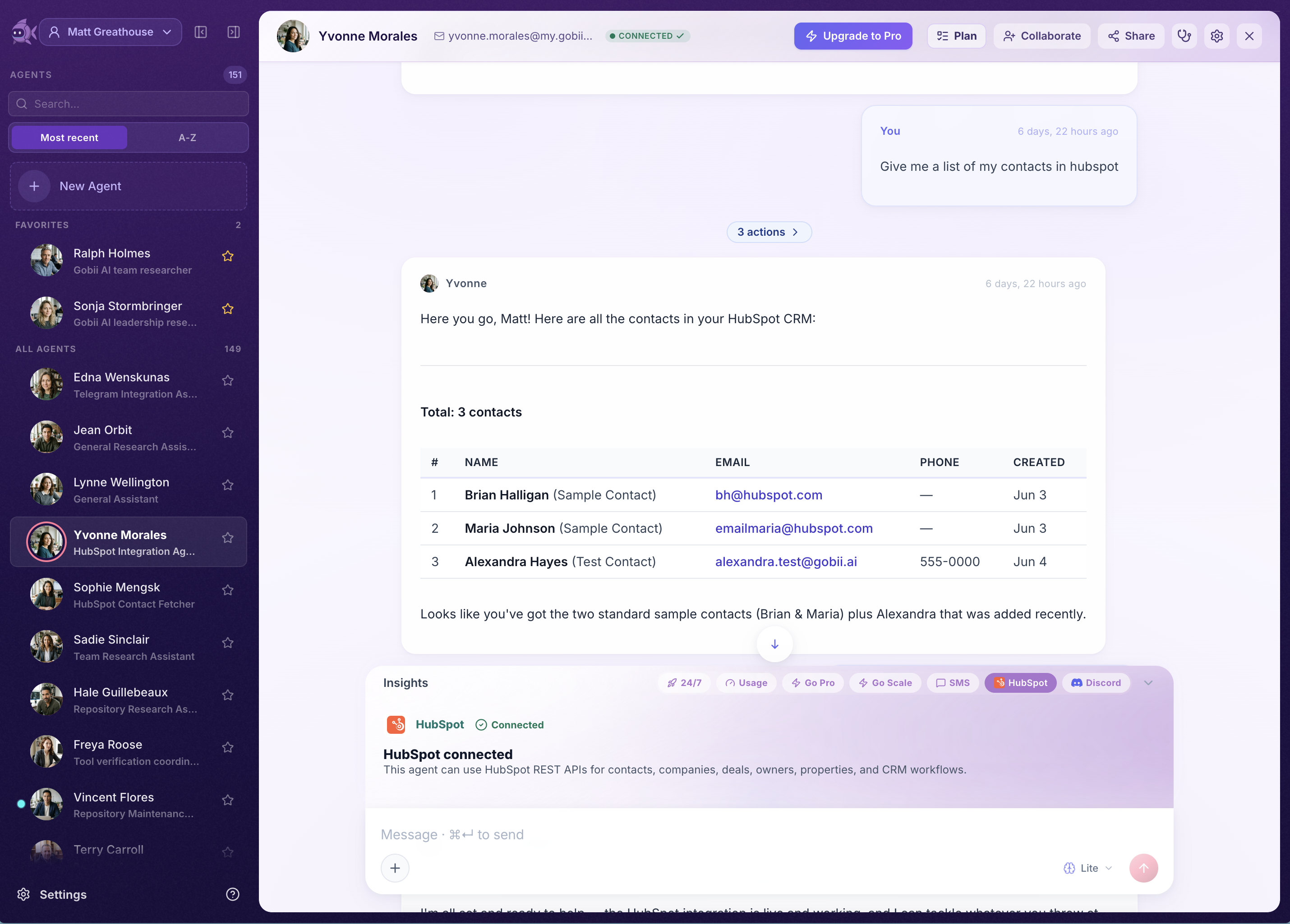 Gobii chat showing a HubSpot-backed contact list returned from HubSpot CRM.