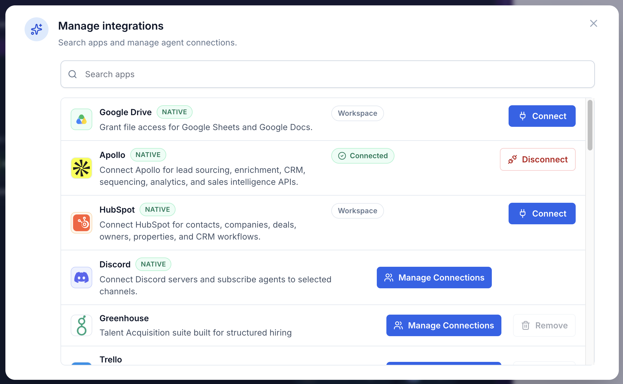 Manage integrations modal showing HubSpot as a native app with a Connect button.
