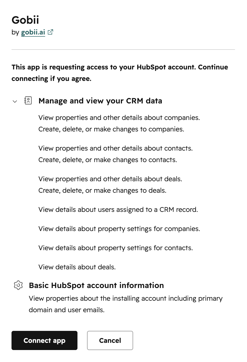 HubSpot OAuth consent screen asking the user to connect Gobii to a HubSpot account.