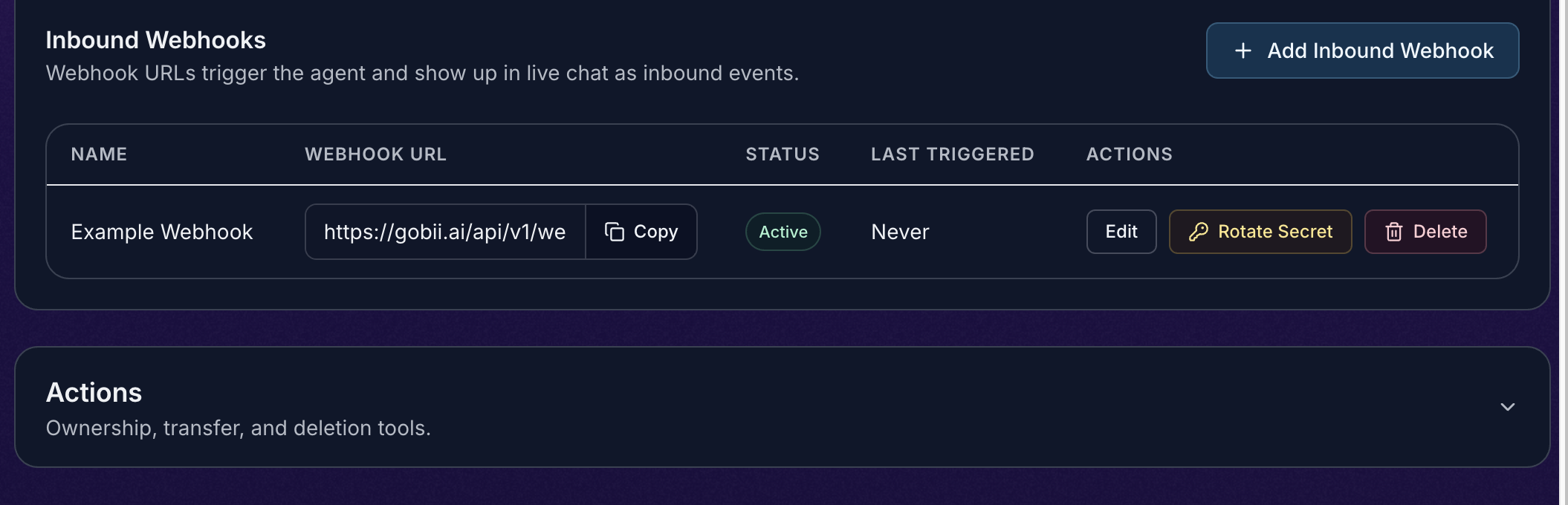 Inbound Webhooks table showing an active webhook with a generated webhook URL, Copy, Edit, Rotate Secret, and Delete actions.