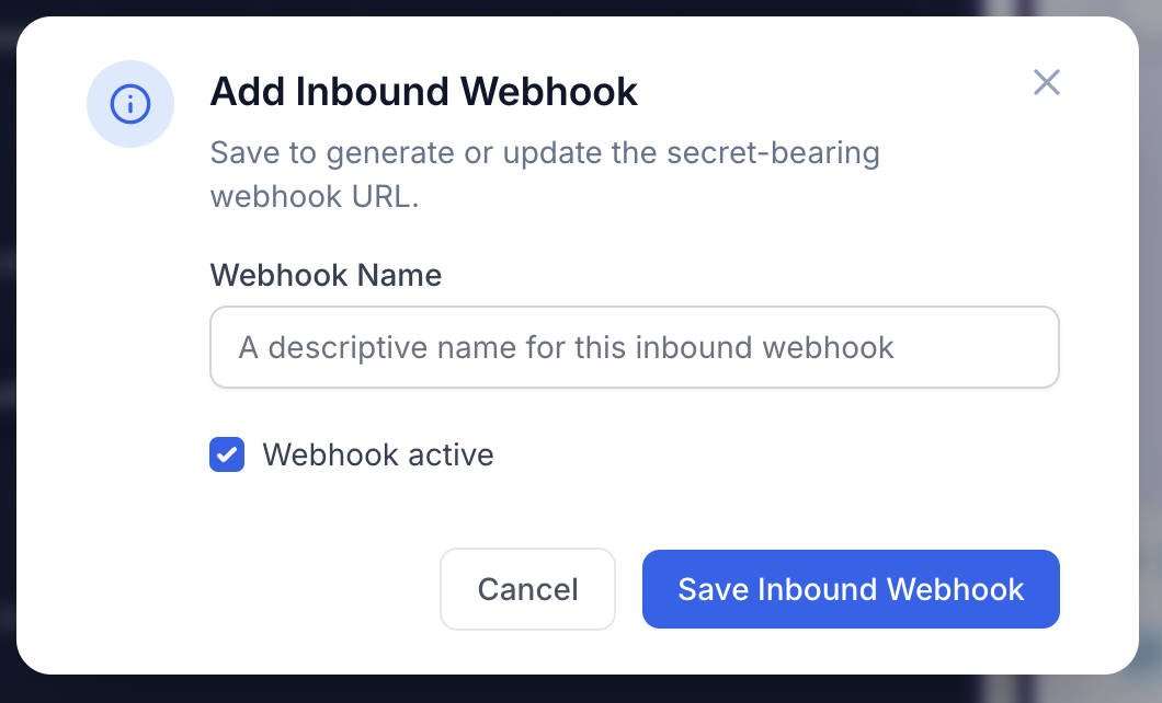Add Inbound Webhook dialog with a webhook name field, Webhook active checkbox, and Save Inbound Webhook button.