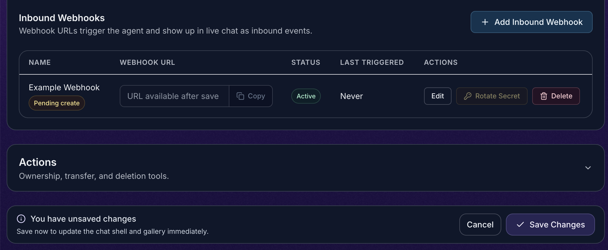 Inbound Webhooks table showing a pending create row and a Save Changes button at the bottom of the settings page.