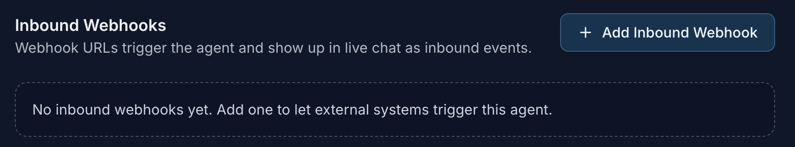 Inbound Webhooks section showing an Add Inbound Webhook button and an empty state.