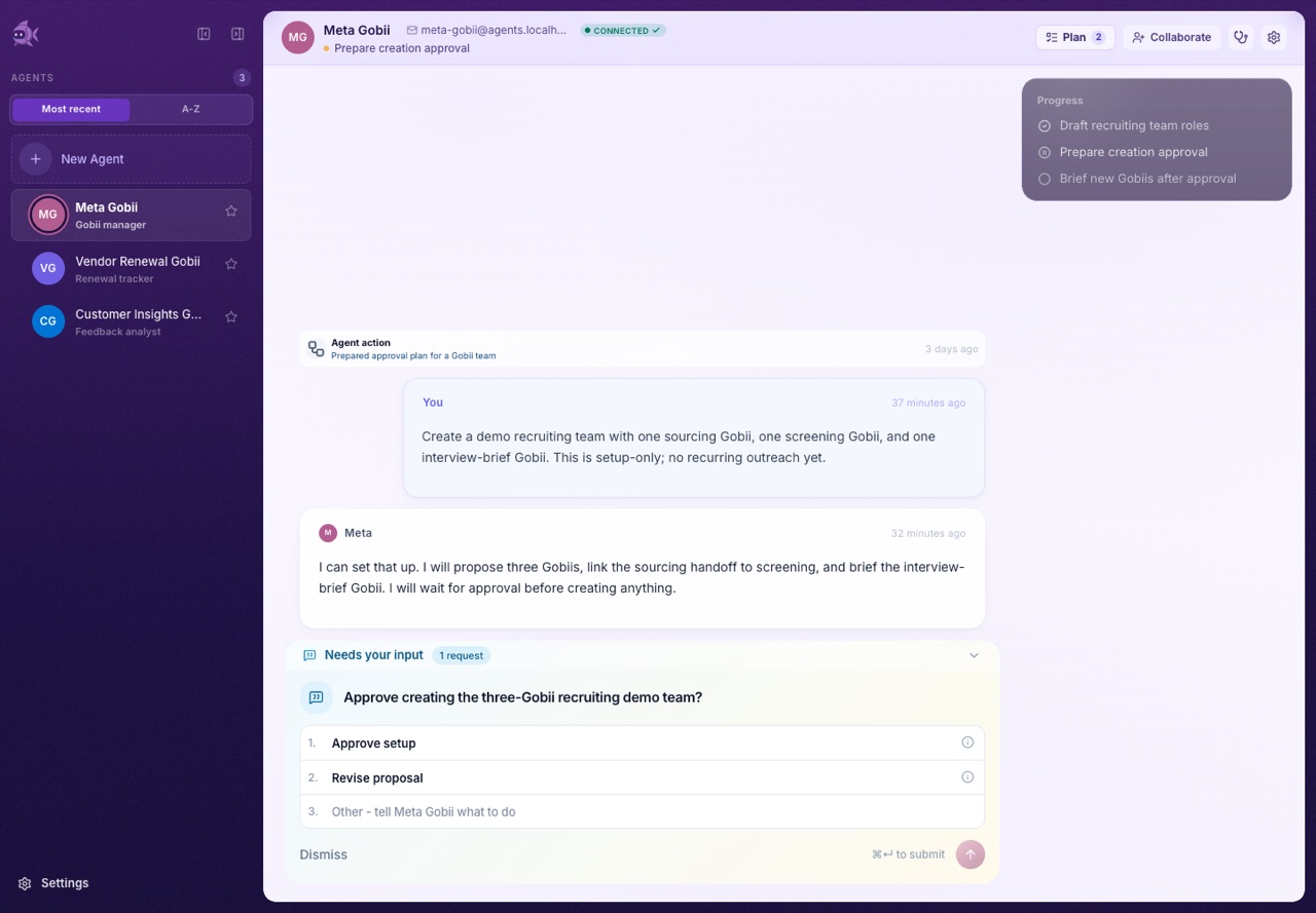 Meta Gobii chat showing a setup-only recruiting team proposal with a pending approval request.