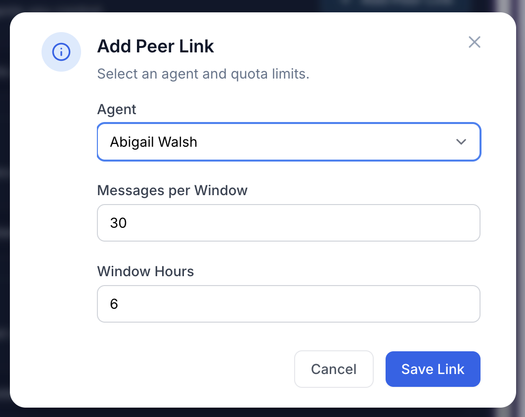 Add Peer Link modal showing an agent picker, messages per window, window hours, and a Save Link button.
