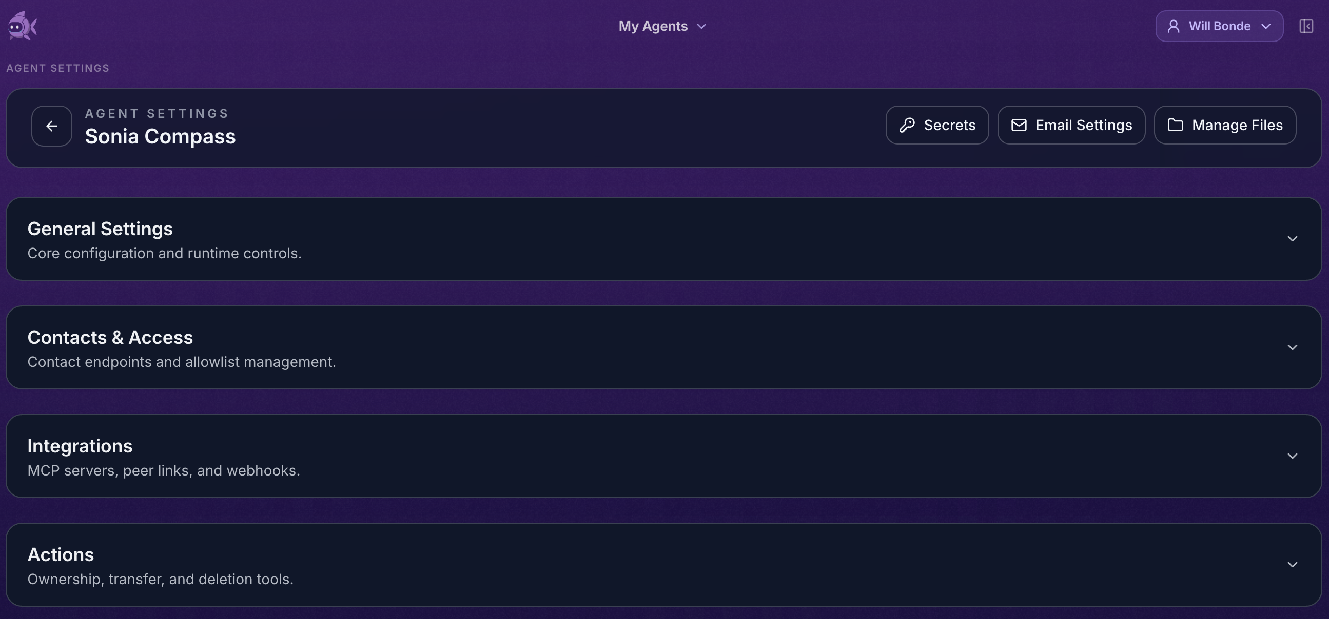 Full Gobii agent settings page showing the Integrations section.