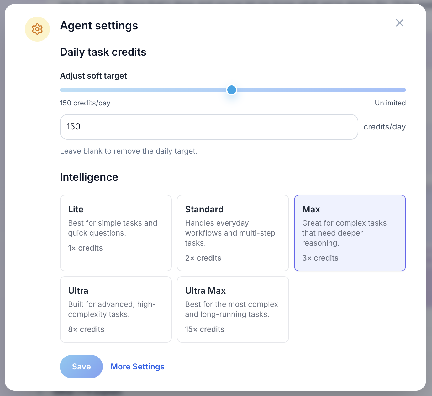 Gobii agent settings panel showing the More Settings button.