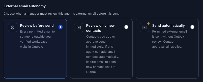 External email autonomy settings showing Review before send, Review only new contacts, and Send automatically.