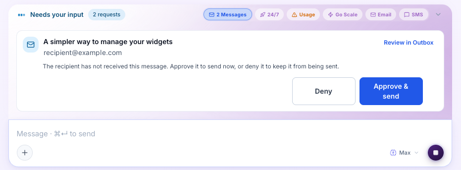 Gobii chat showing an external email approval card with Review in Outbox, Deny, and Approve and send actions.