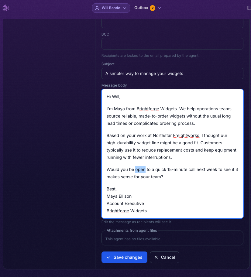 Outbox editor showing locked recipients, editable subject and body fields, attachment selection, and Save changes and Cancel buttons.
