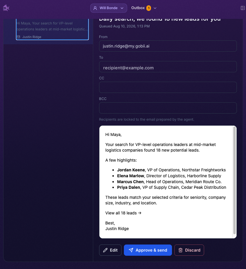 Outbox email detail showing locked recipients, the rendered message preview, and Edit, Approve and send, and Discard actions.