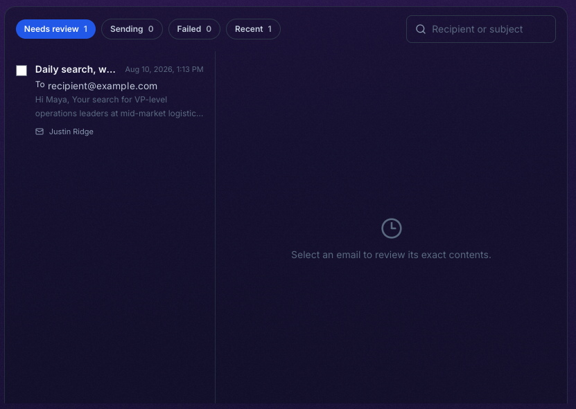 Outbox showing one pending email in the Needs review list and an empty detail pane.
